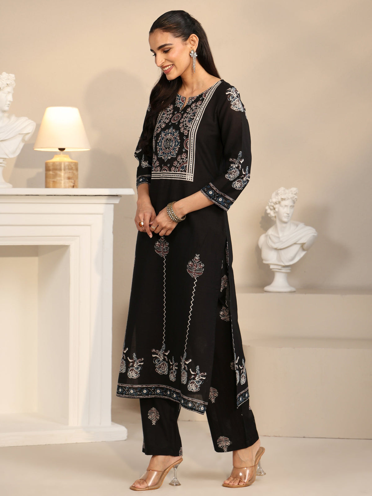 Anouk Black Ajrakh Printed Cotton Straight Suit Set