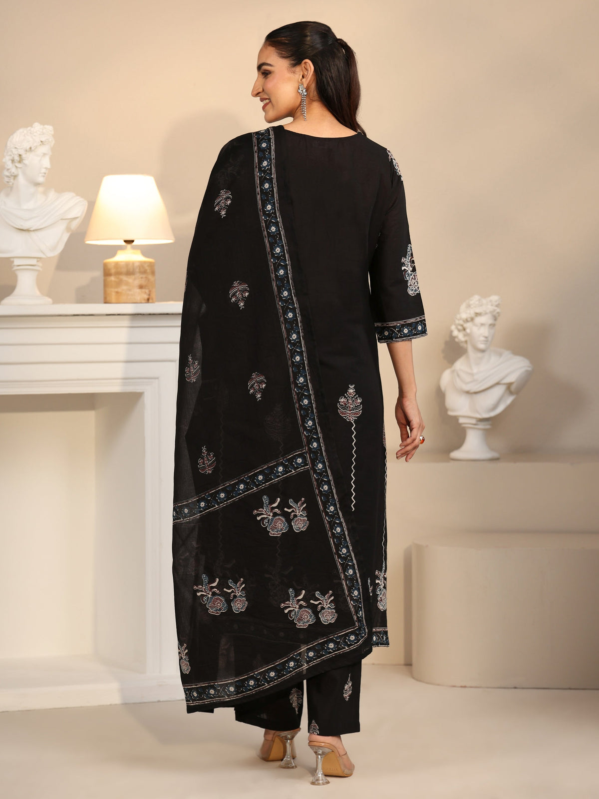 Anouk Black Ajrakh Printed Cotton Straight Suit Set