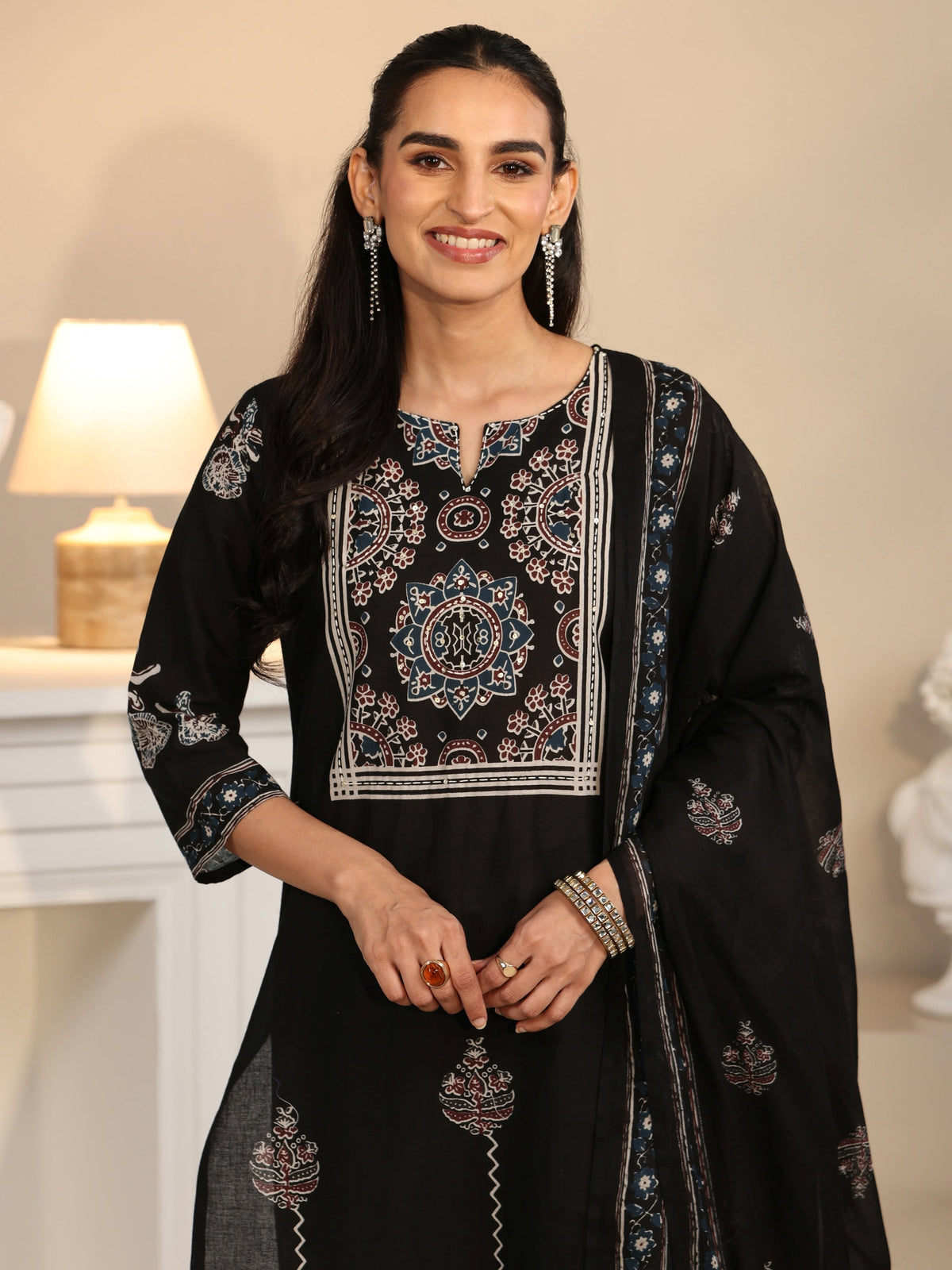 Anouk Black Ajrakh Printed Cotton Straight Suit Set