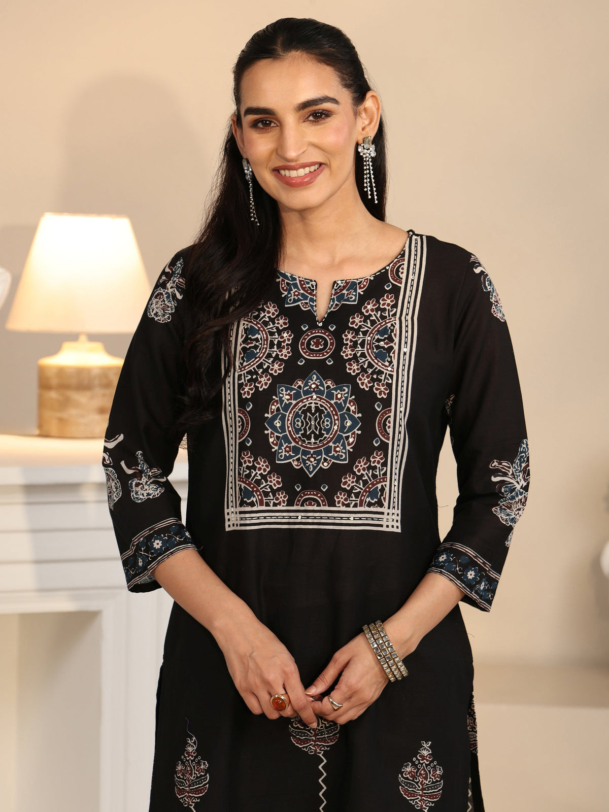 Anouk Black Ajrakh Printed Cotton Straight Suit Set