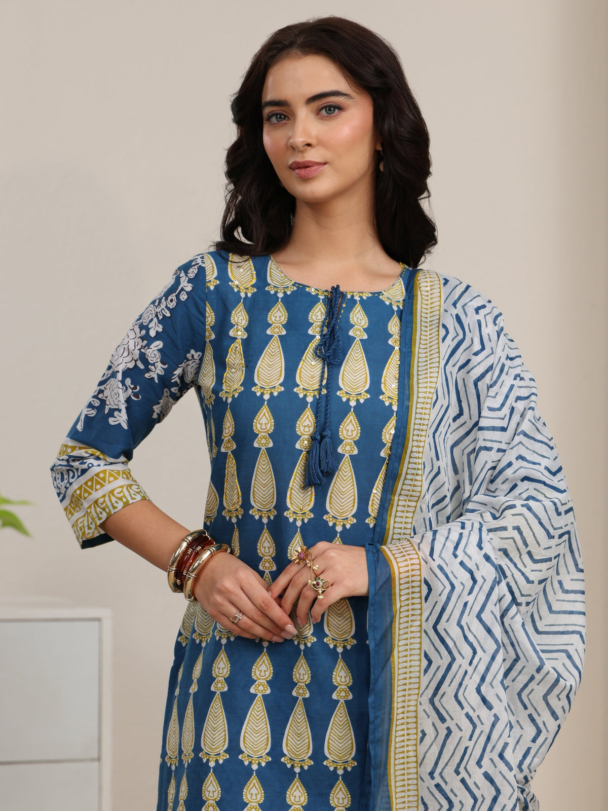 Anouk Cobalt Blue Printed Cotton Straight Suit Set