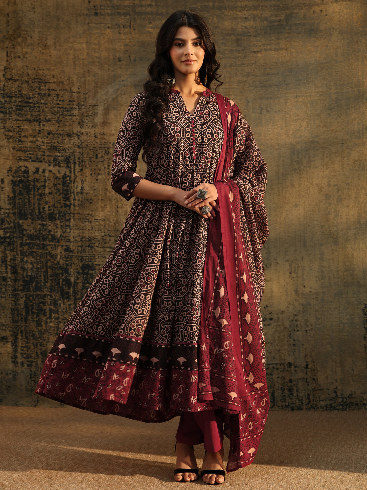 Anouk Black Ajrakh Printed Cotton Anarkali Suit Set