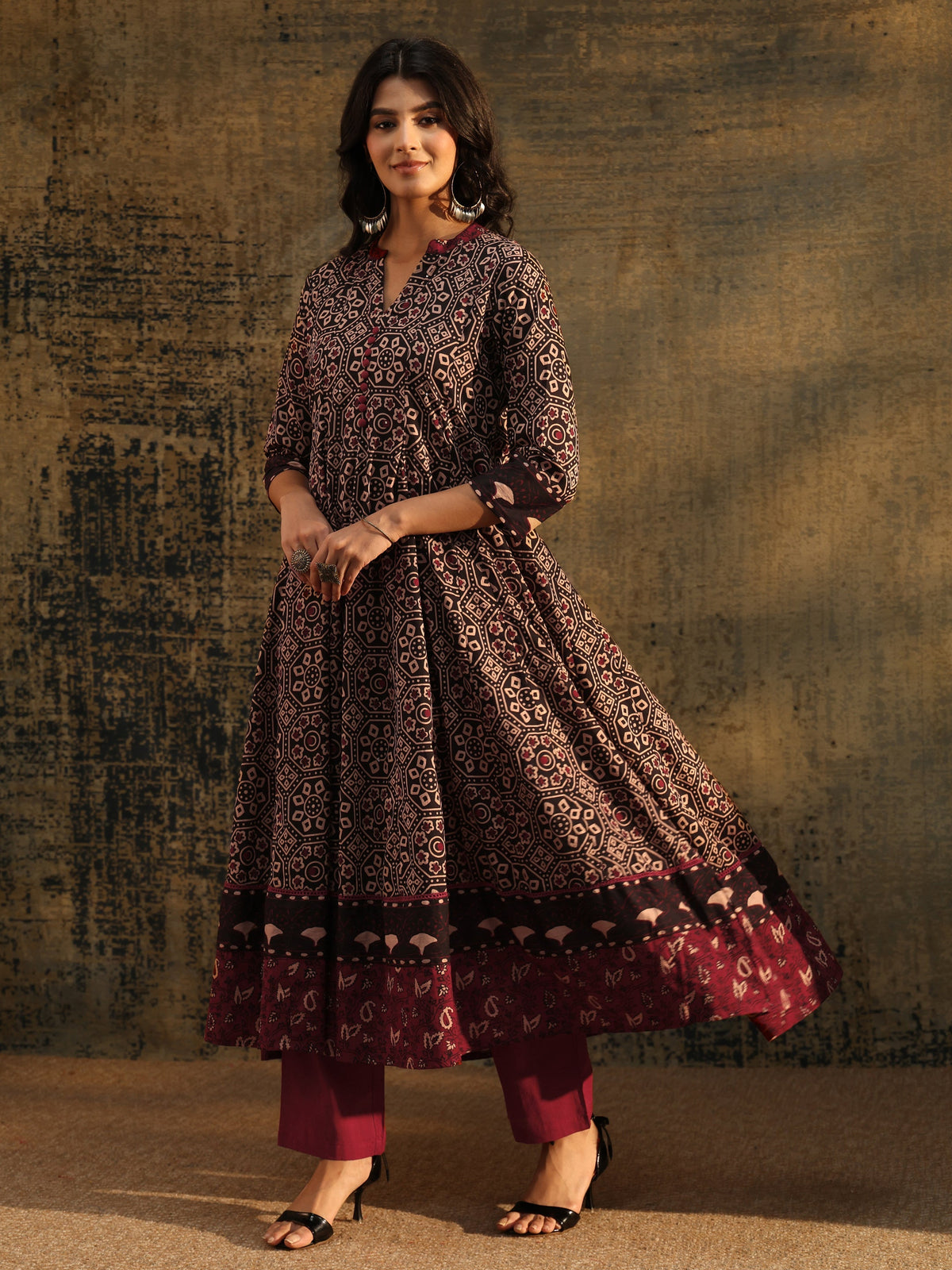 Anouk Black Ajrakh Printed Cotton Anarkali Suit Set