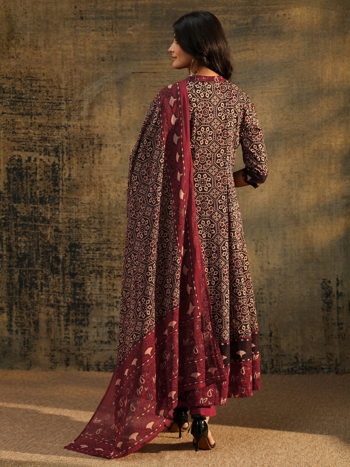 Anouk Black Ajrakh Printed Cotton Anarkali Suit Set