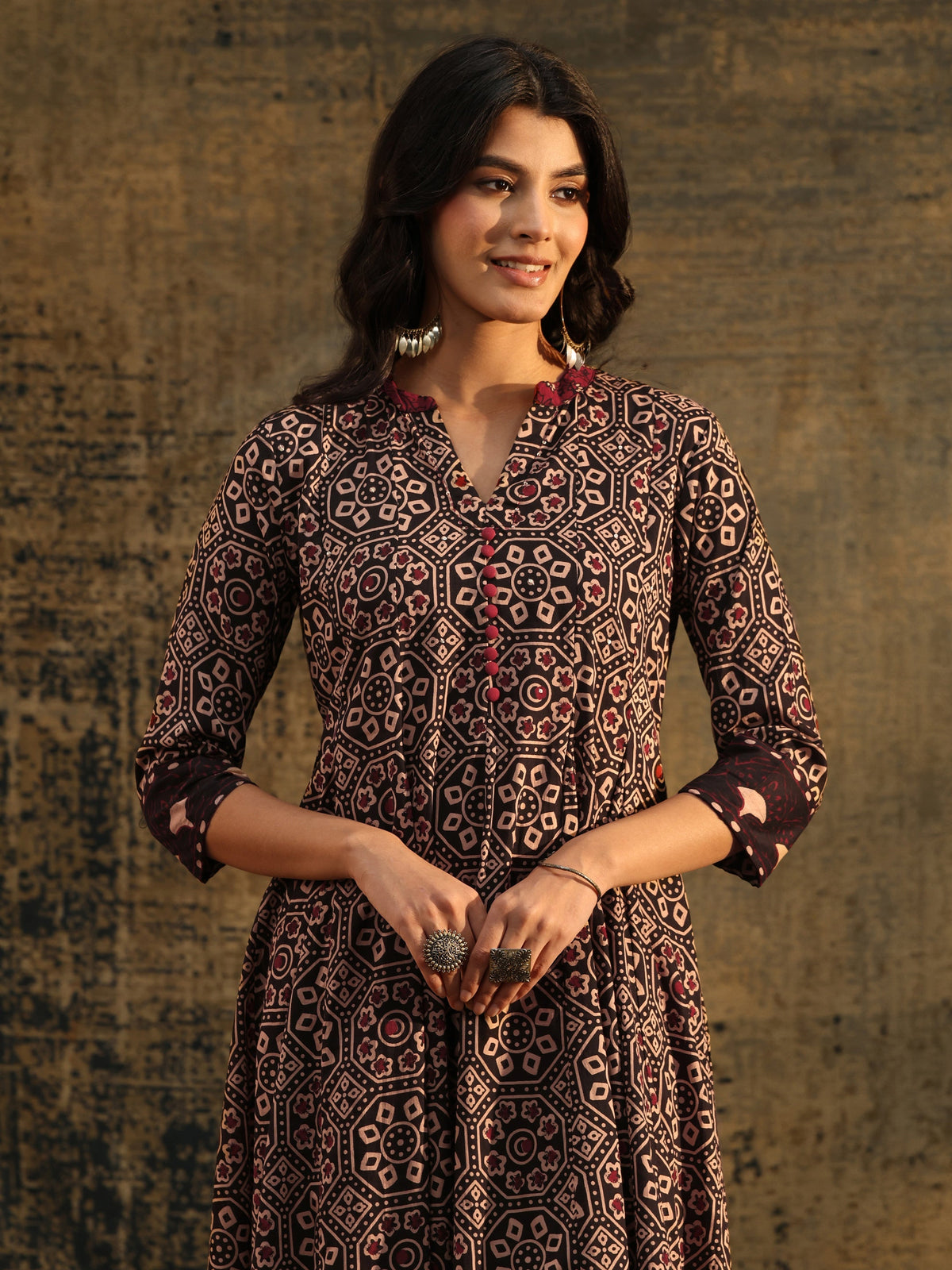 Anouk Black Ajrakh Printed Cotton Anarkali Suit Set