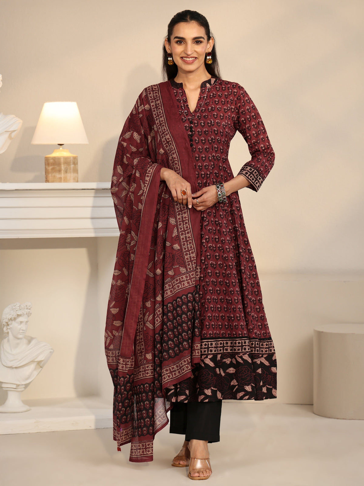 Anouk Rust Red Ajrakh Printed Cotton Anarkali Suit Set