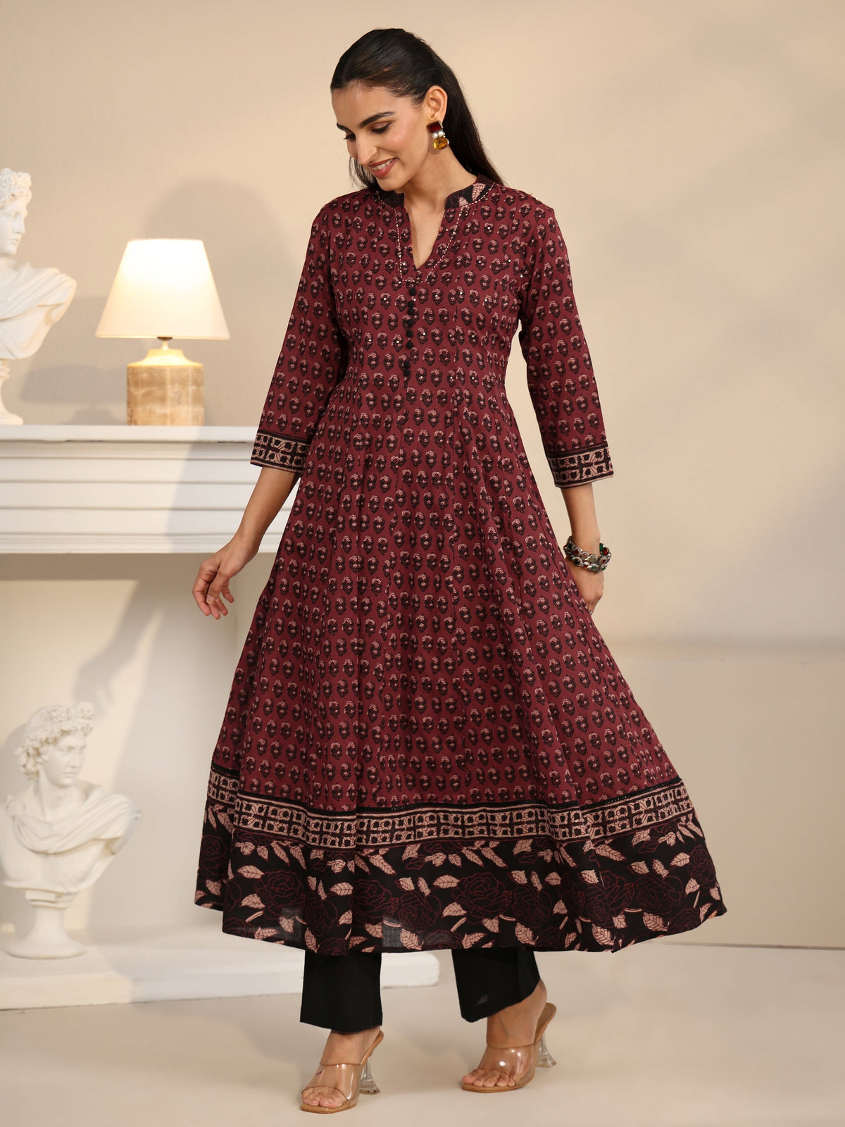 Anouk Rust Red Ajrakh Printed Cotton Anarkali Suit Set