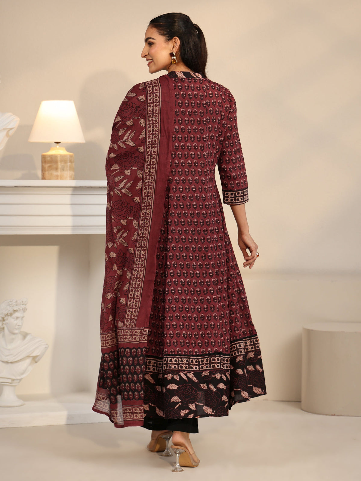 Anouk Rust Red Ajrakh Printed Cotton Anarkali Suit Set
