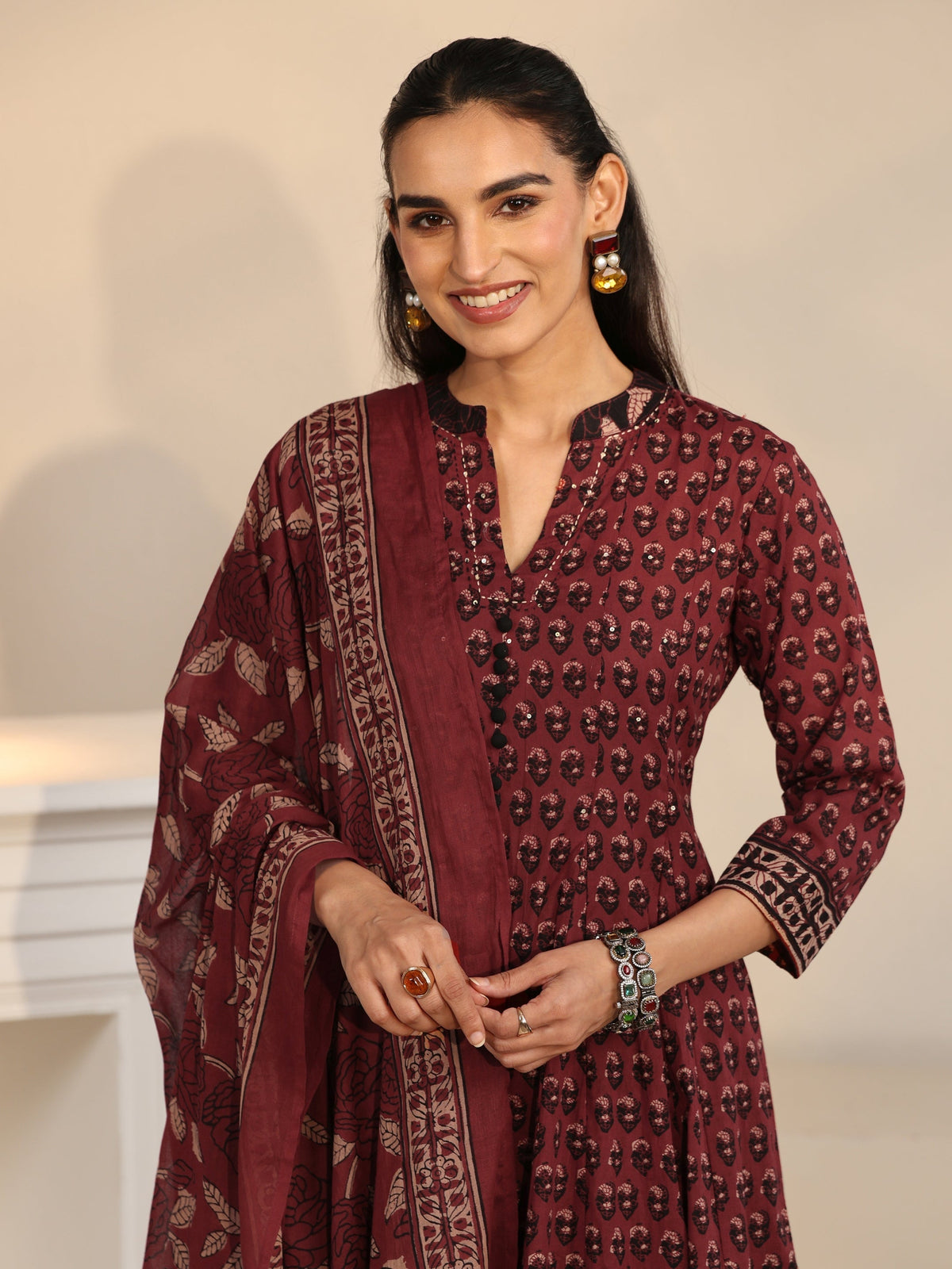 Anouk Rust Red Ajrakh Printed Cotton Anarkali Suit Set