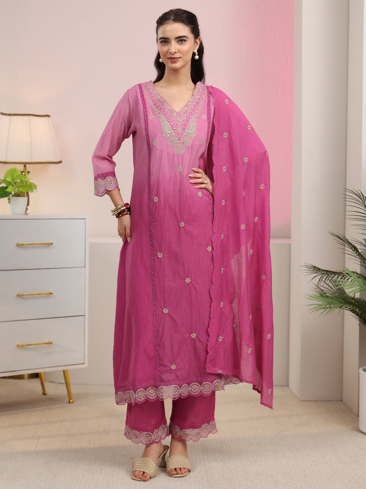 Anouk Rani Pink Embroidered Silk Blend A-Line Suit Set