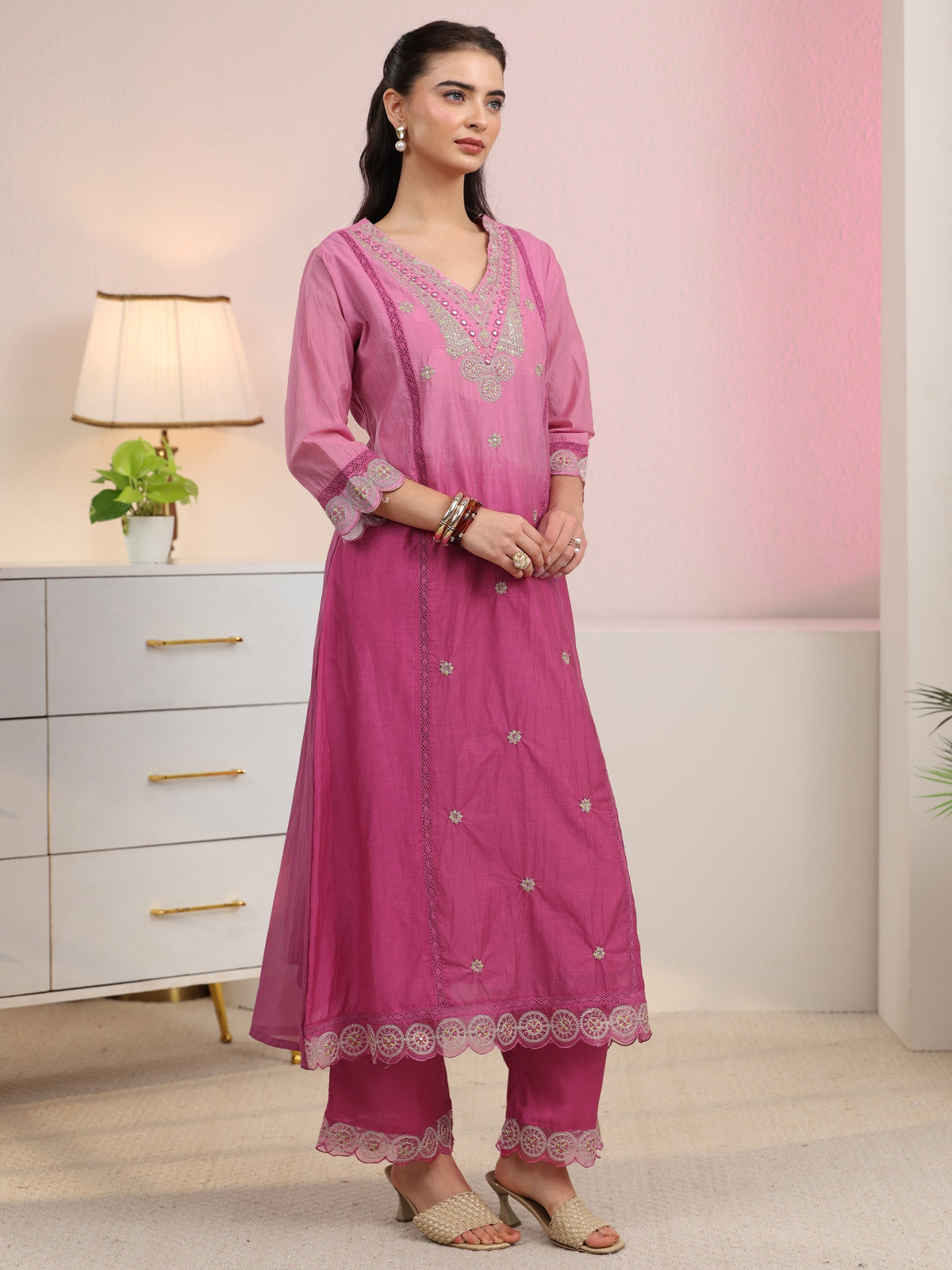 Anouk Rani Pink Embroidered Silk Blend A-Line Suit Set