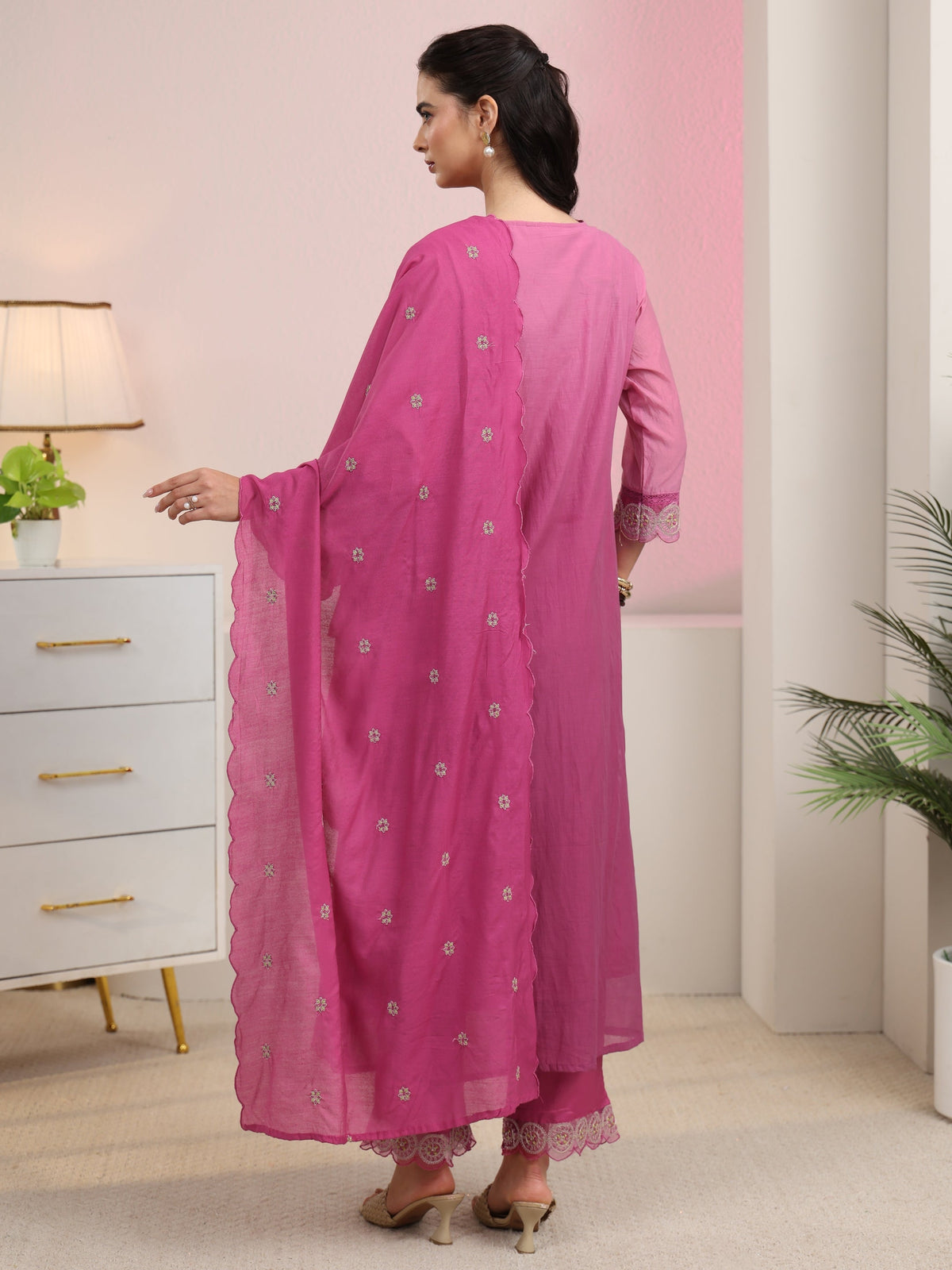 Anouk Rani Pink Embroidered Silk Blend A-Line Suit Set