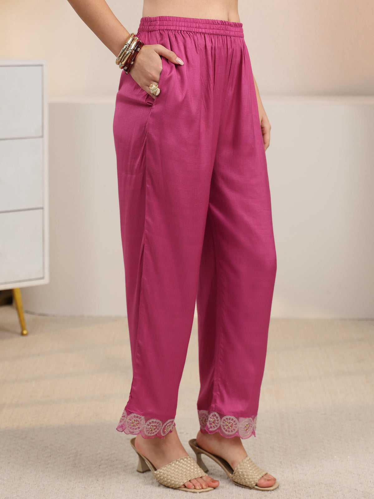 Anouk Rani Pink Embroidered Silk Blend A-Line Suit Set