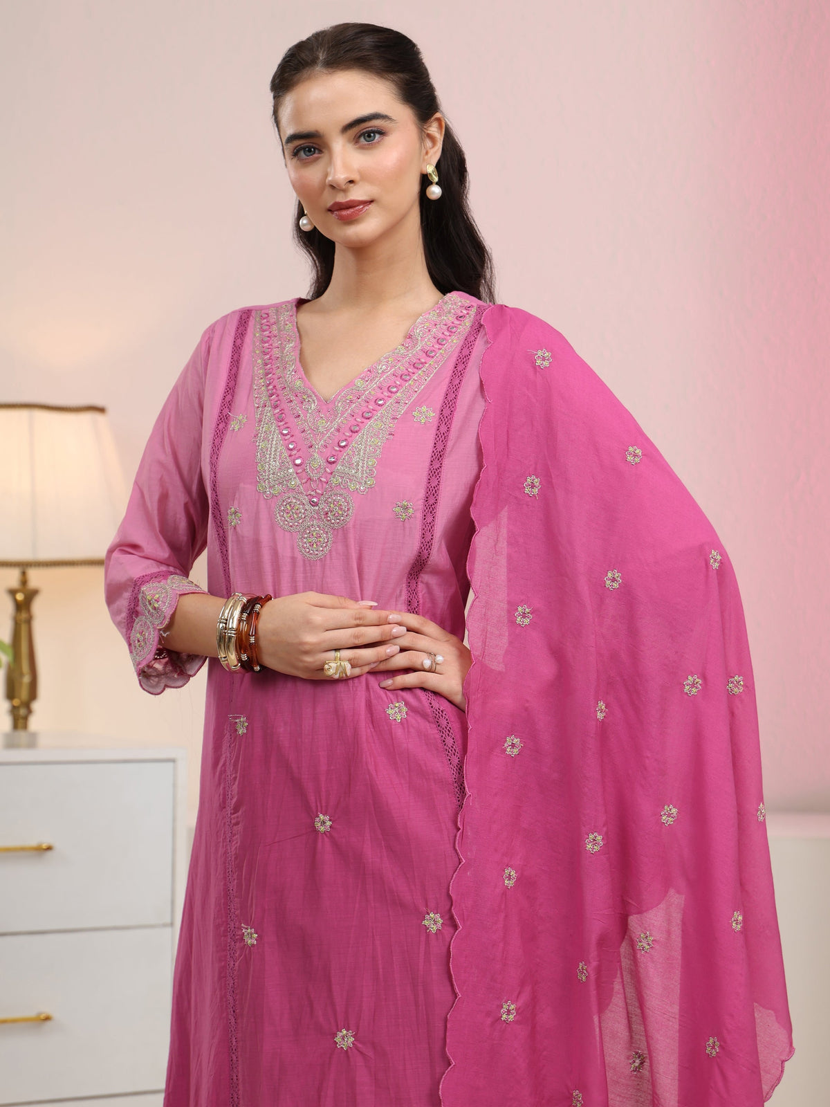 Anouk Rani Pink Embroidered Silk Blend A-Line Suit Set
