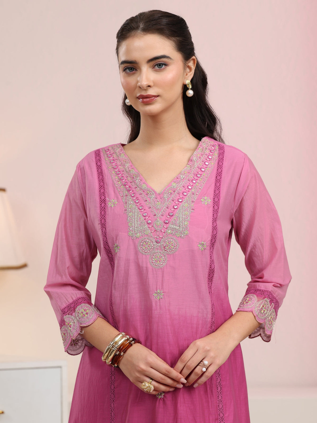 Anouk Rani Pink Embroidered Silk Blend A-Line Suit Set