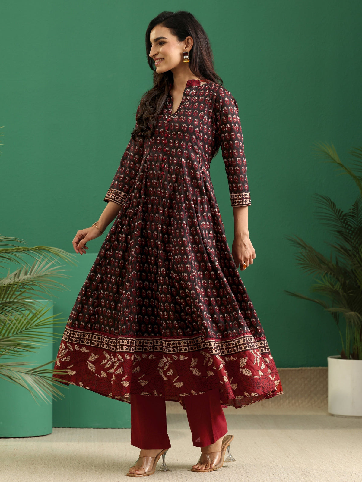 Anouk Black Ajrakh Cotton Anarkali Suit Set