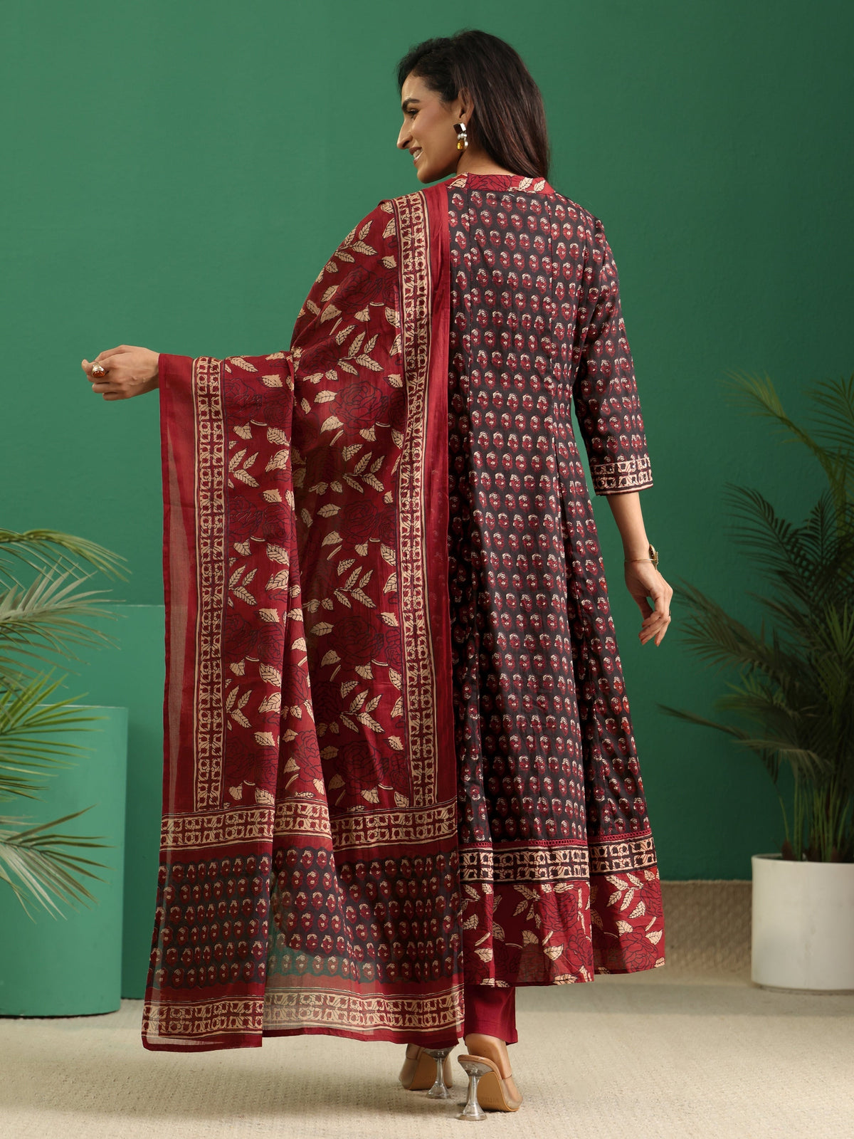 Anouk Black Ajrakh Cotton Anarkali Suit Set