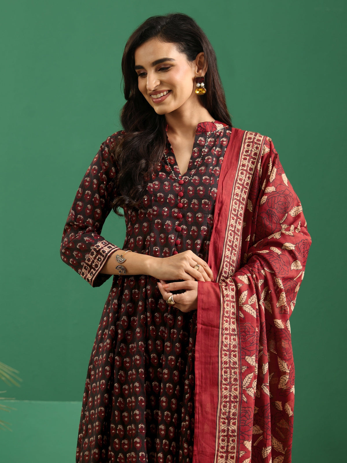 Anouk Black Ajrakh Cotton Anarkali Suit Set
