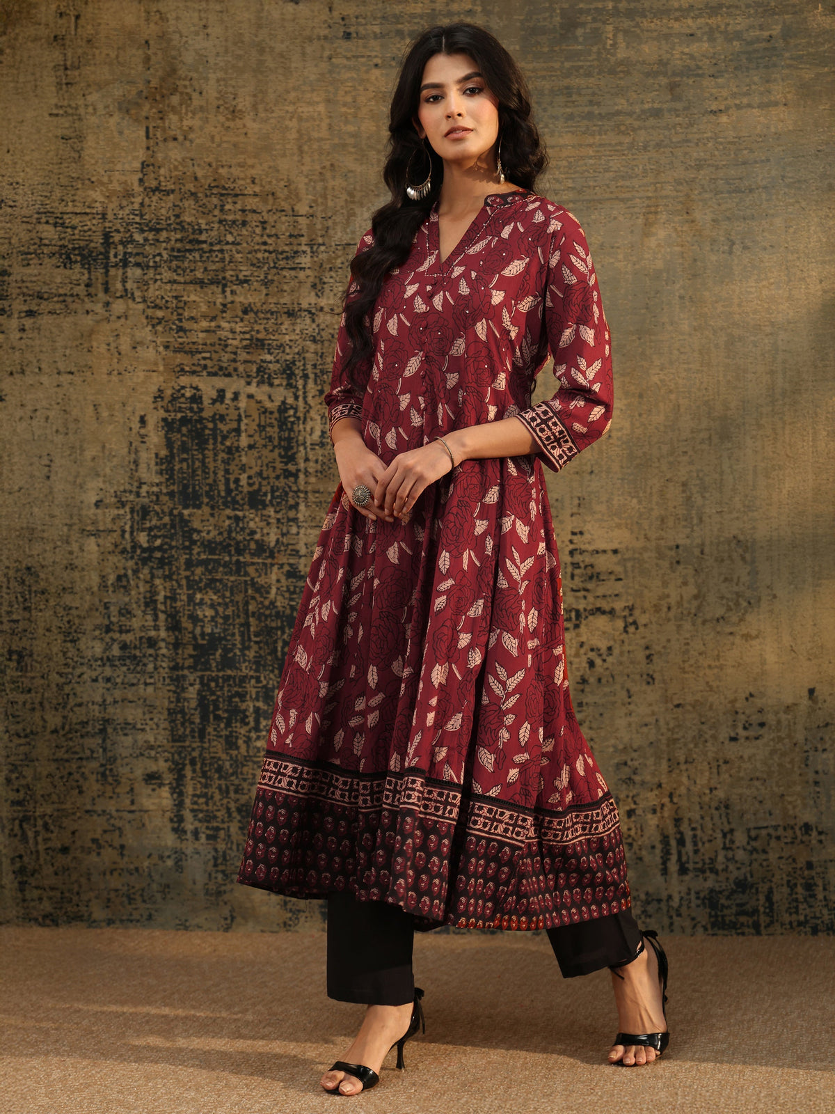 Anouk Rust Ajrakh Printed Cotton Anarkali Suit Set