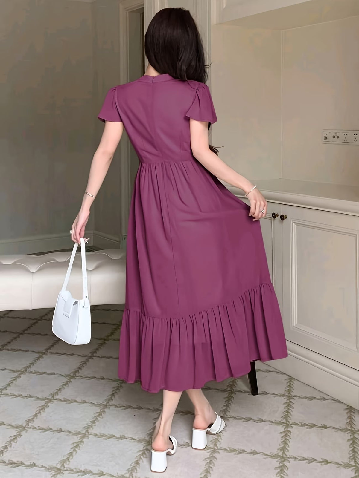 Women's Elegant Pleated Waist Ruffle Hem Maxi Dress
