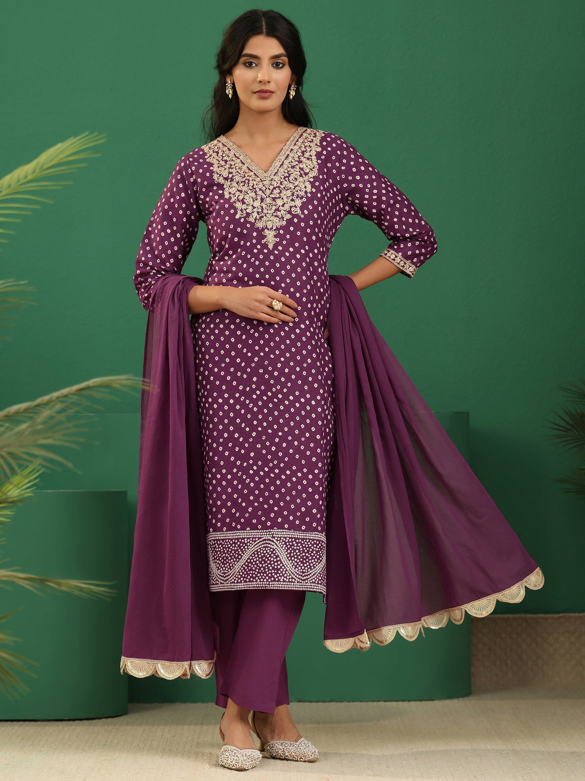 Anouk Burgundy Bandhani Cotton Straight Suit Set