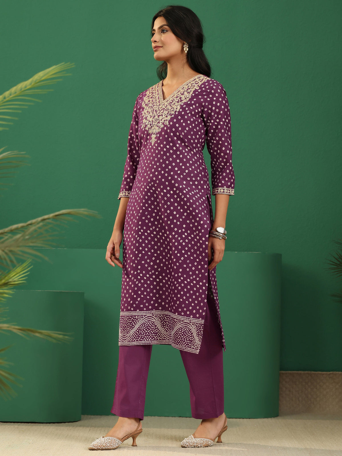 Anouk Burgundy Bandhani Cotton Straight Suit Set