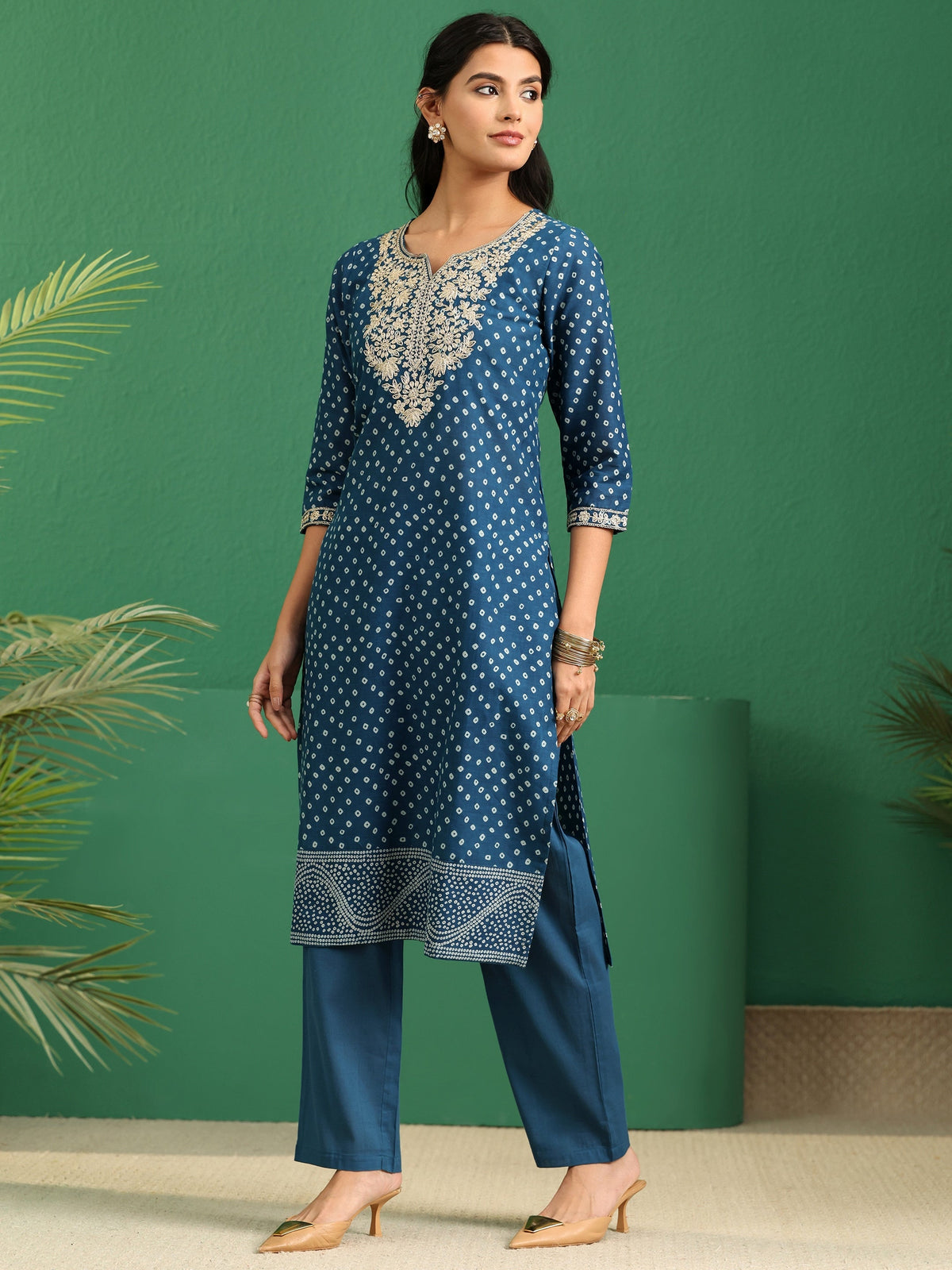 Anouk Peacock Blue Bandhani Cotton Straight Suit Set
