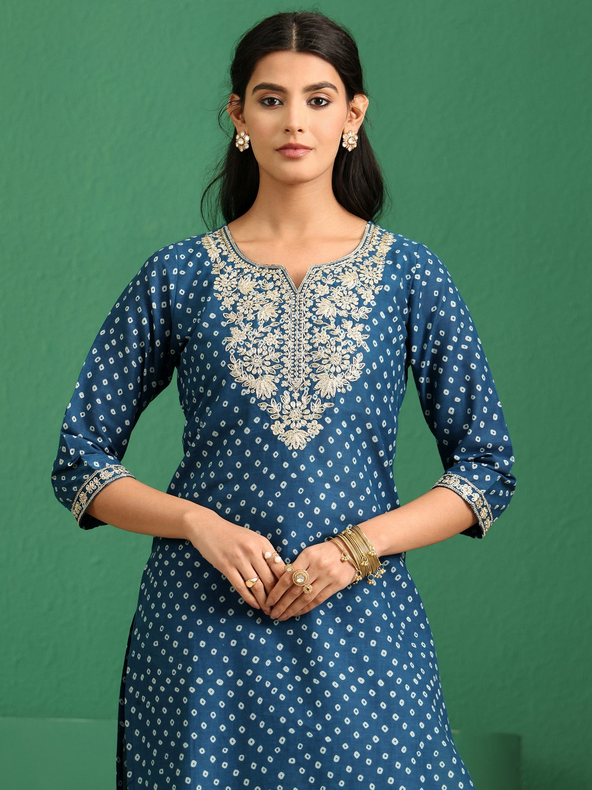 Anouk Peacock Blue Bandhani Cotton Straight Suit Set