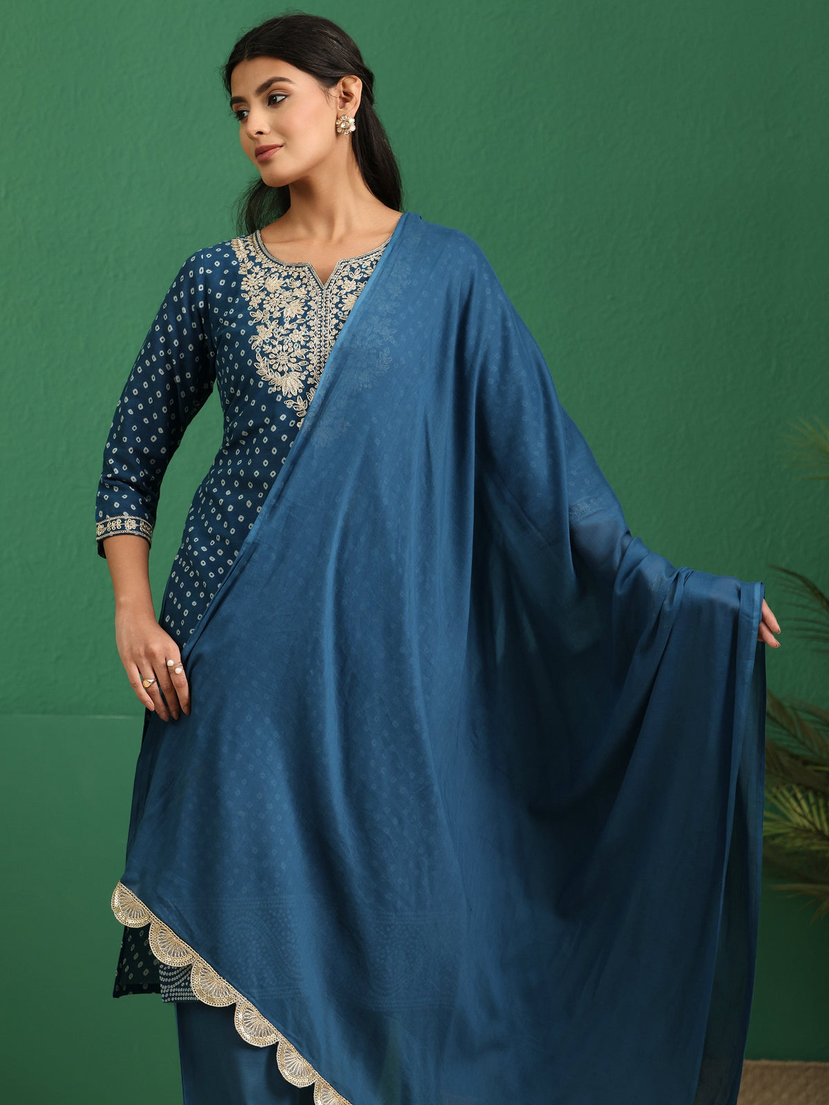 Anouk Peacock Blue Bandhani Cotton Straight Suit Set