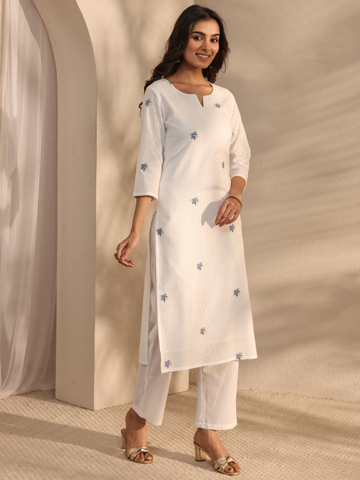 Anouk White Embroidered Cotton Straight Suit Set With Dupatta