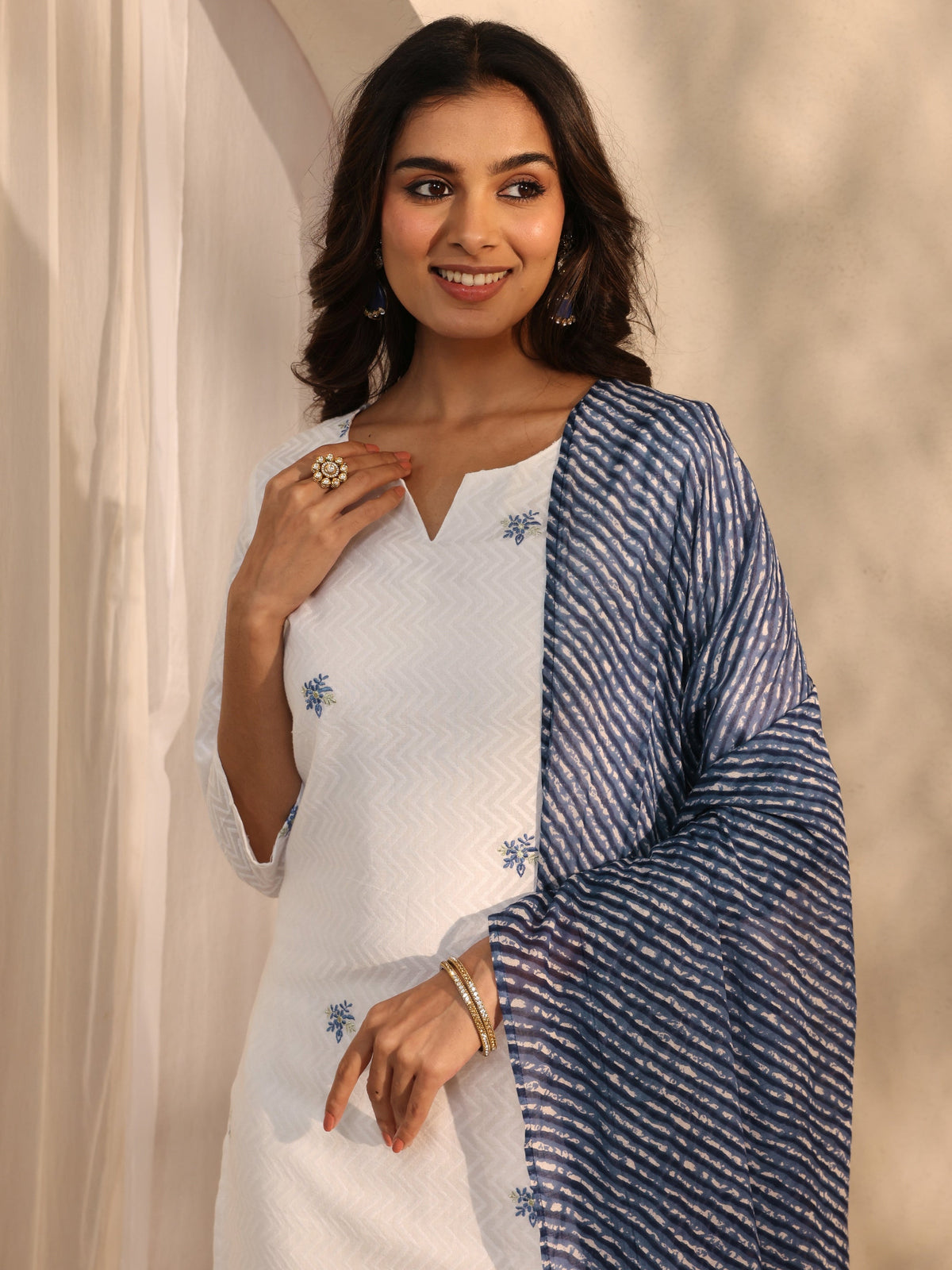 Anouk White Embroidered Cotton Straight Suit Set With Dupatta