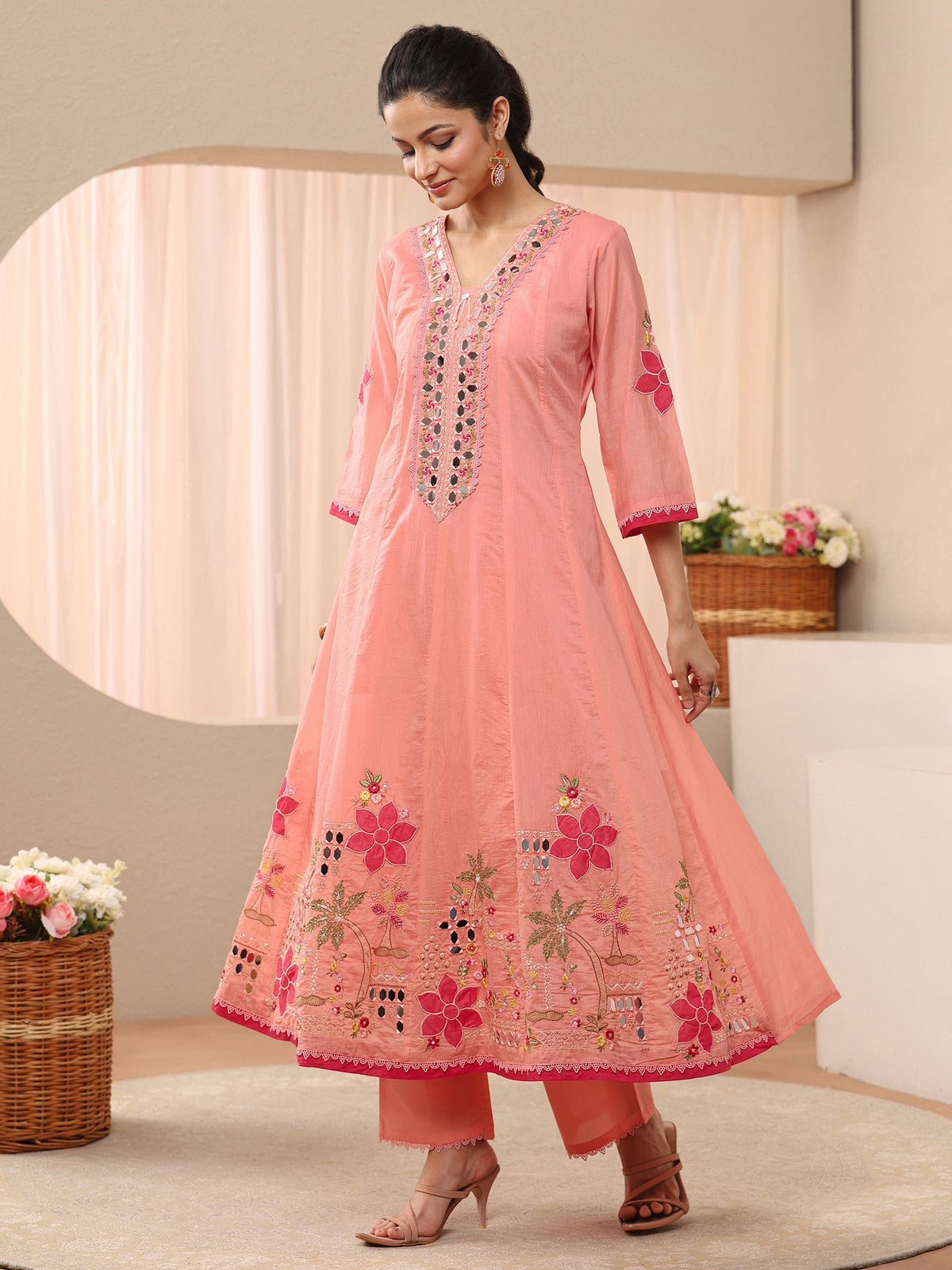 Anouk Peach Floral Embroidered Silk Blend A-line Suit Set