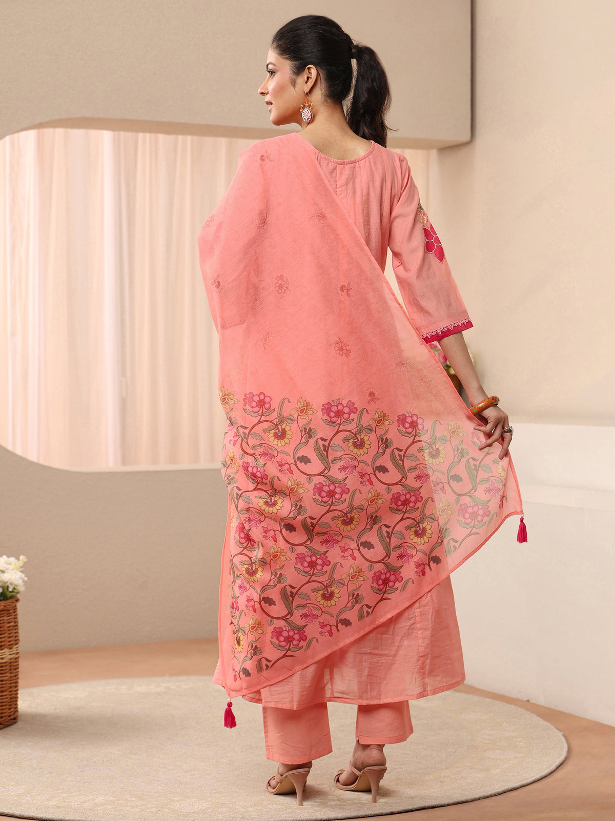 Anouk Peach Floral Embroidered Silk Blend A-line Suit Set