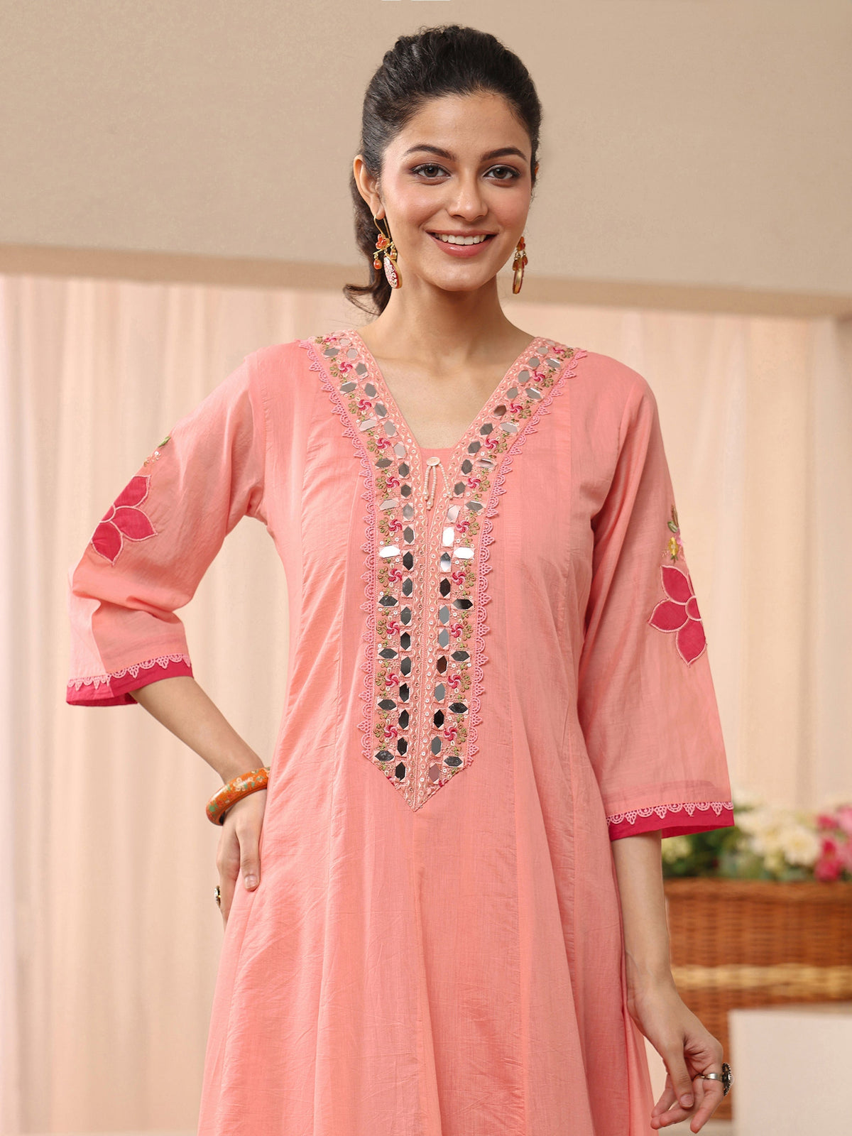 Anouk Peach Floral Embroidered Silk Blend A-line Suit Set