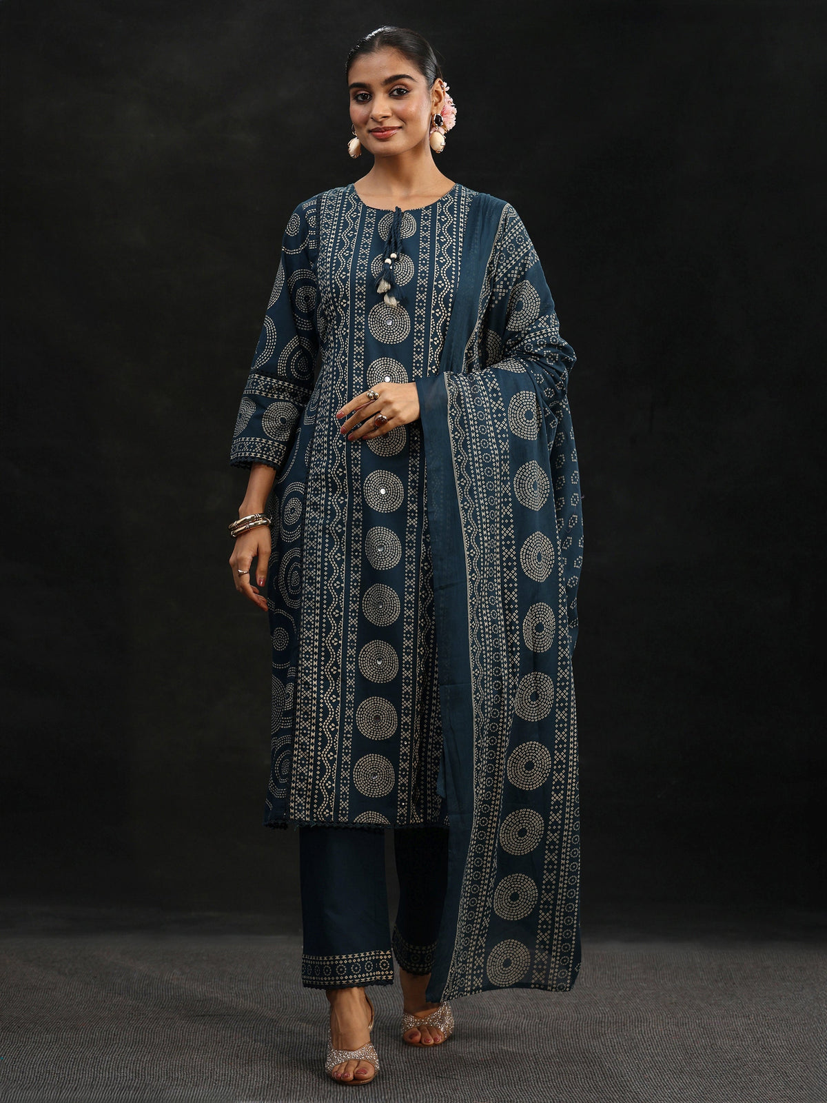 Anouk Indigo Blue Bandhani Cotton Straight Suit Set