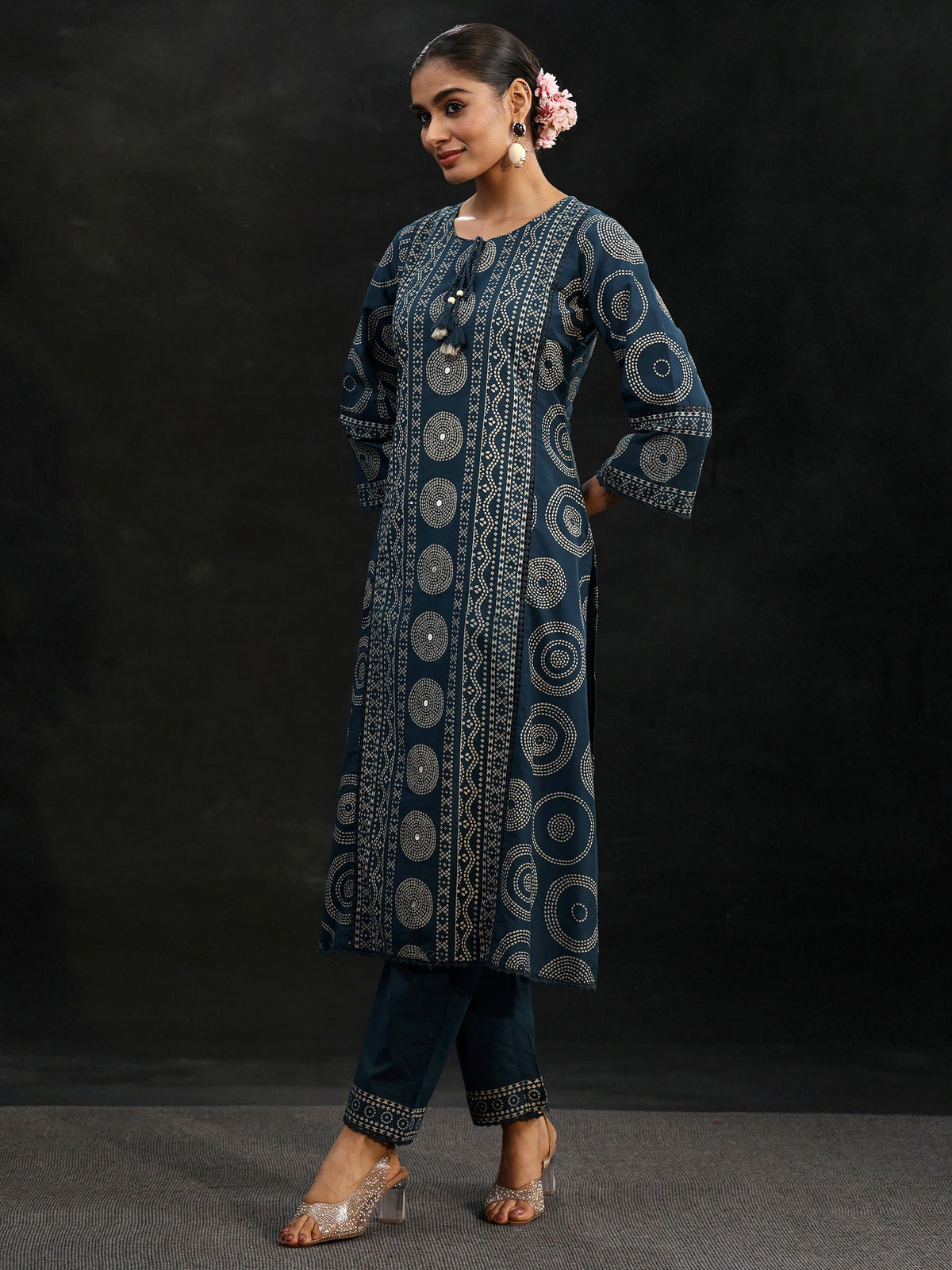 Anouk Indigo Blue Bandhani Cotton Straight Suit Set