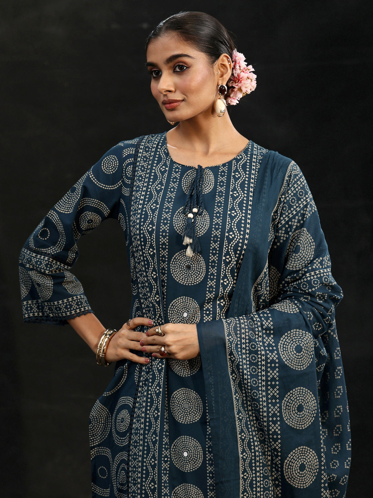 Anouk Indigo Blue Bandhani Cotton Straight Suit Set