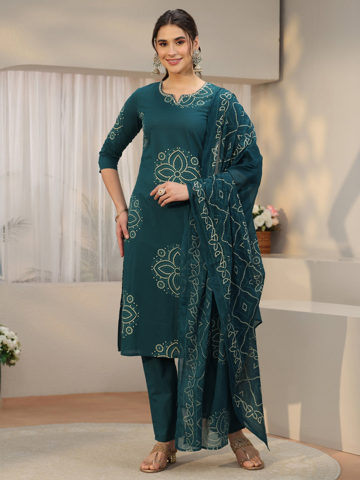Anouk Teal Green Bandhani Printed Cotton Straight Suit Set