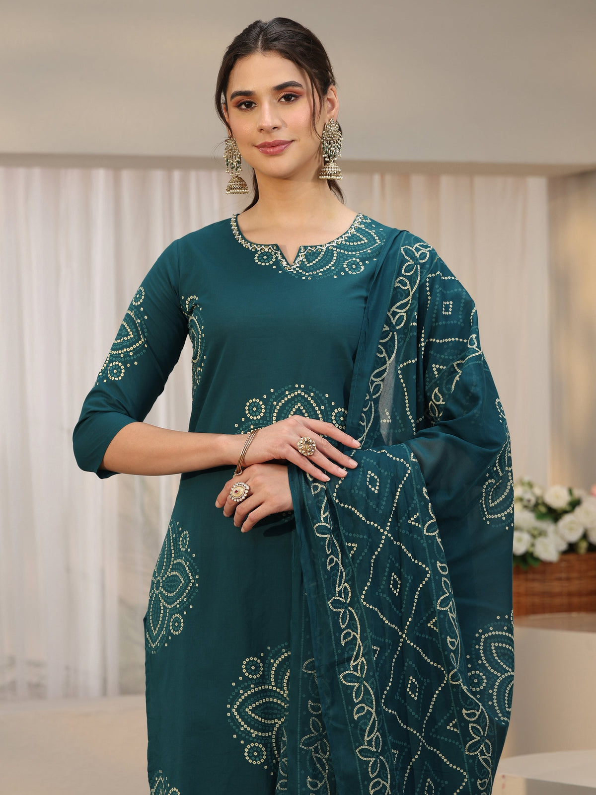 Anouk Teal Green Bandhani Printed Cotton Straight Suit Set