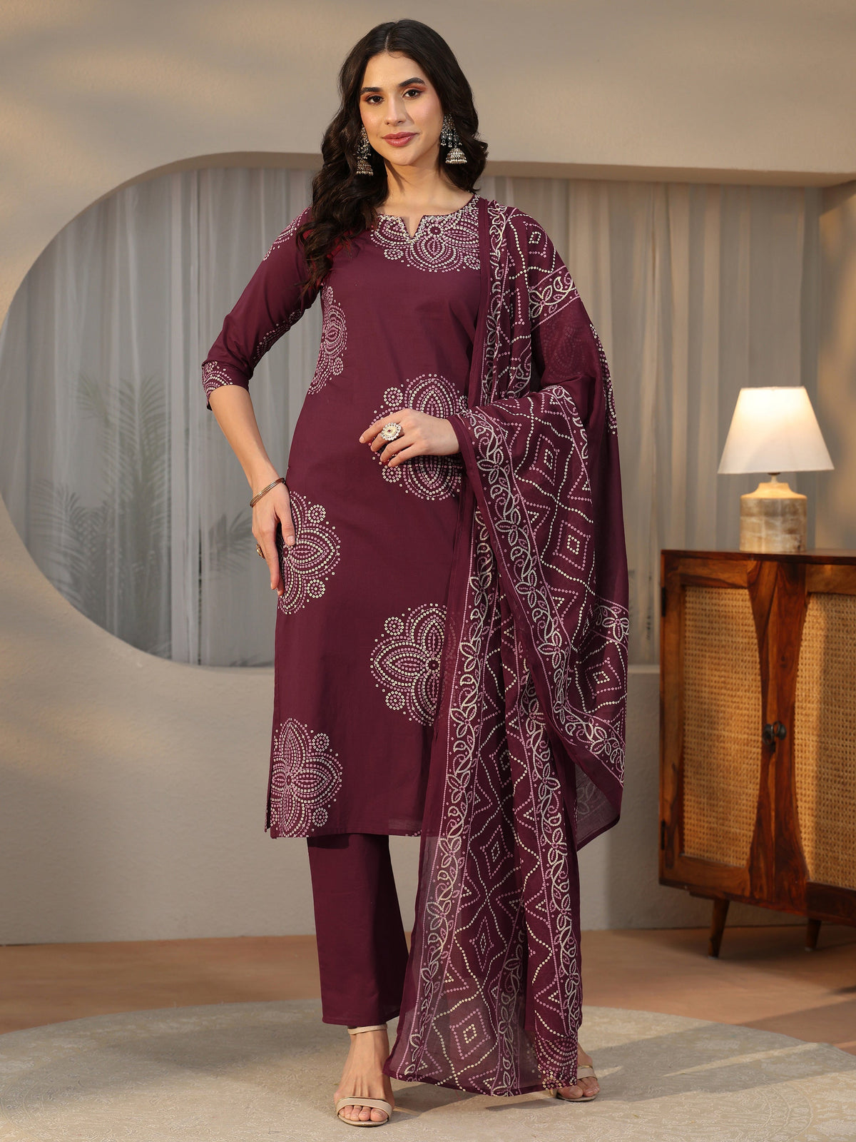Anouk Burgundy Bandhani Printed Cotton Straight Suit Set