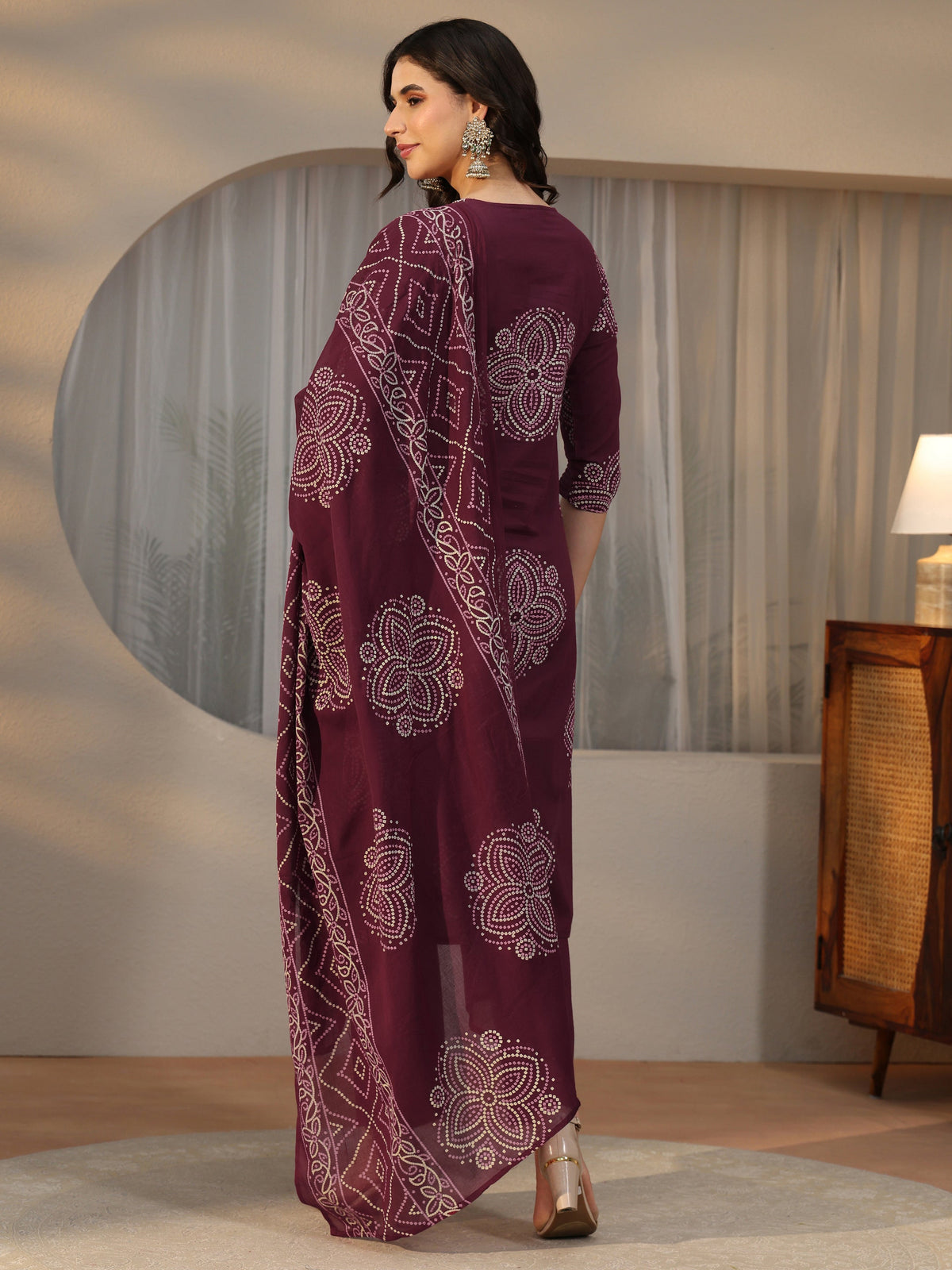 Anouk Burgundy Bandhani Printed Cotton Straight Suit Set