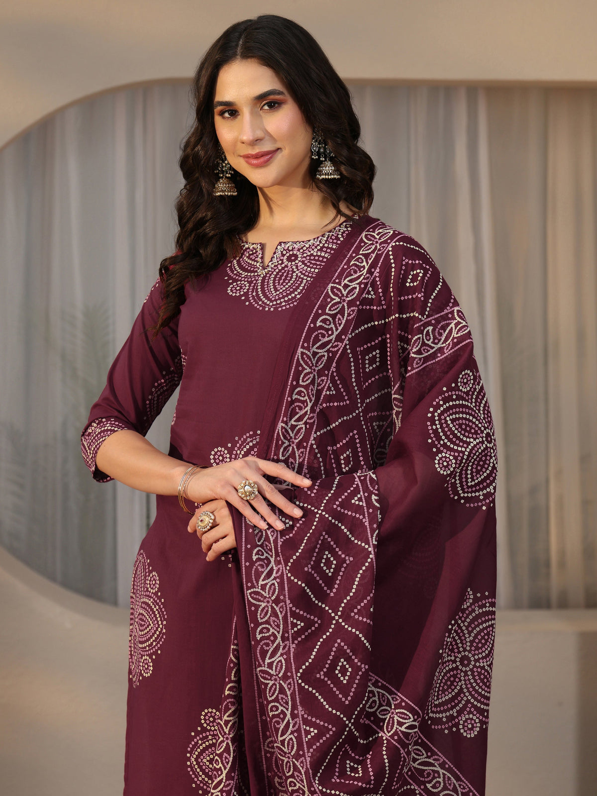 Anouk Burgundy Bandhani Printed Cotton Straight Suit Set