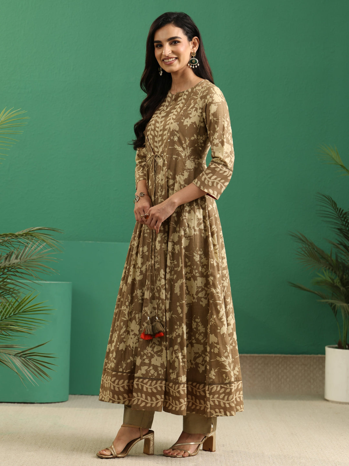 Anouk Beige Floral Printed Cotton Kurta Set with Long Jacket