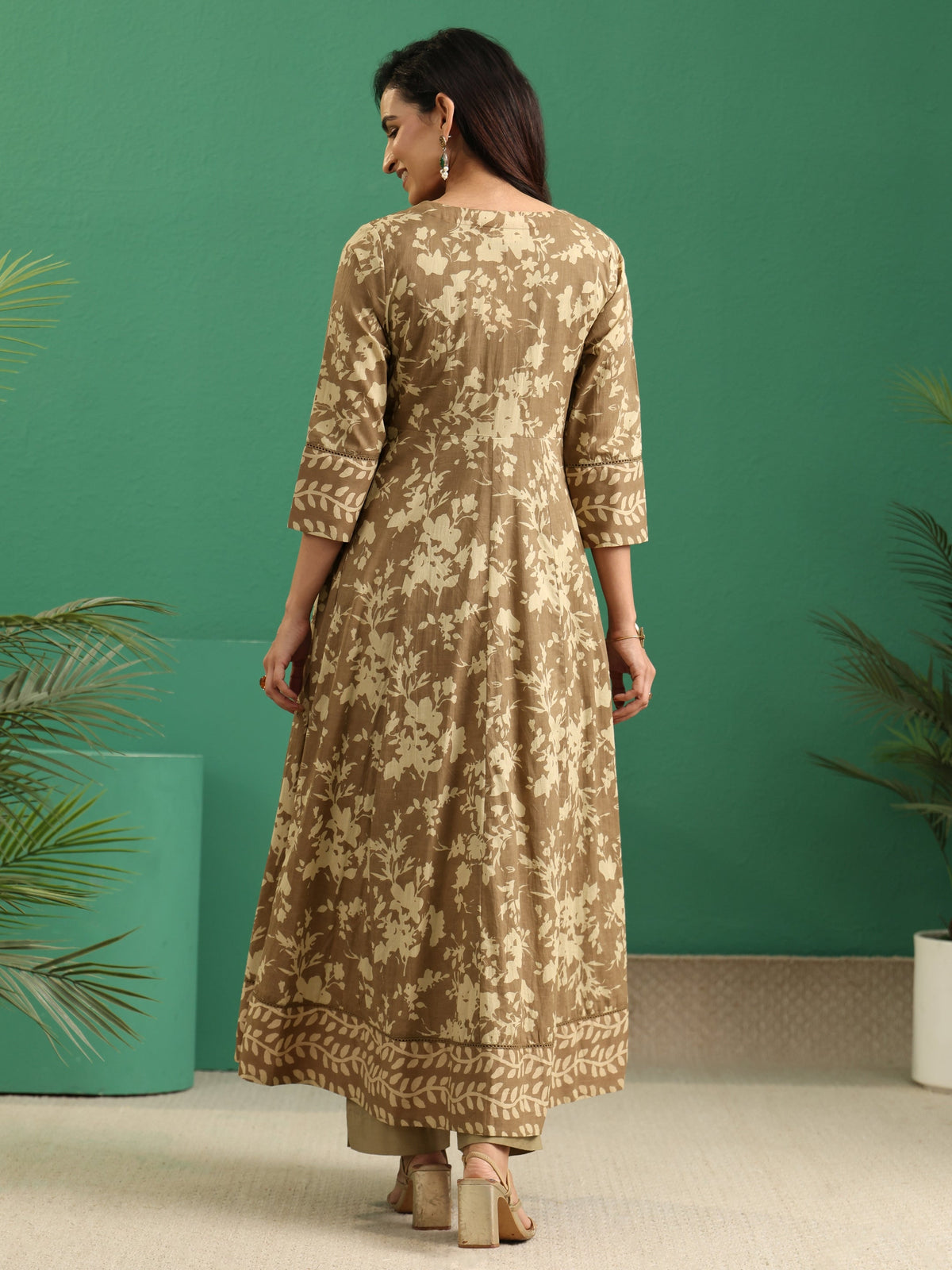 Anouk Beige Floral Printed Cotton Kurta Set with Long Jacket