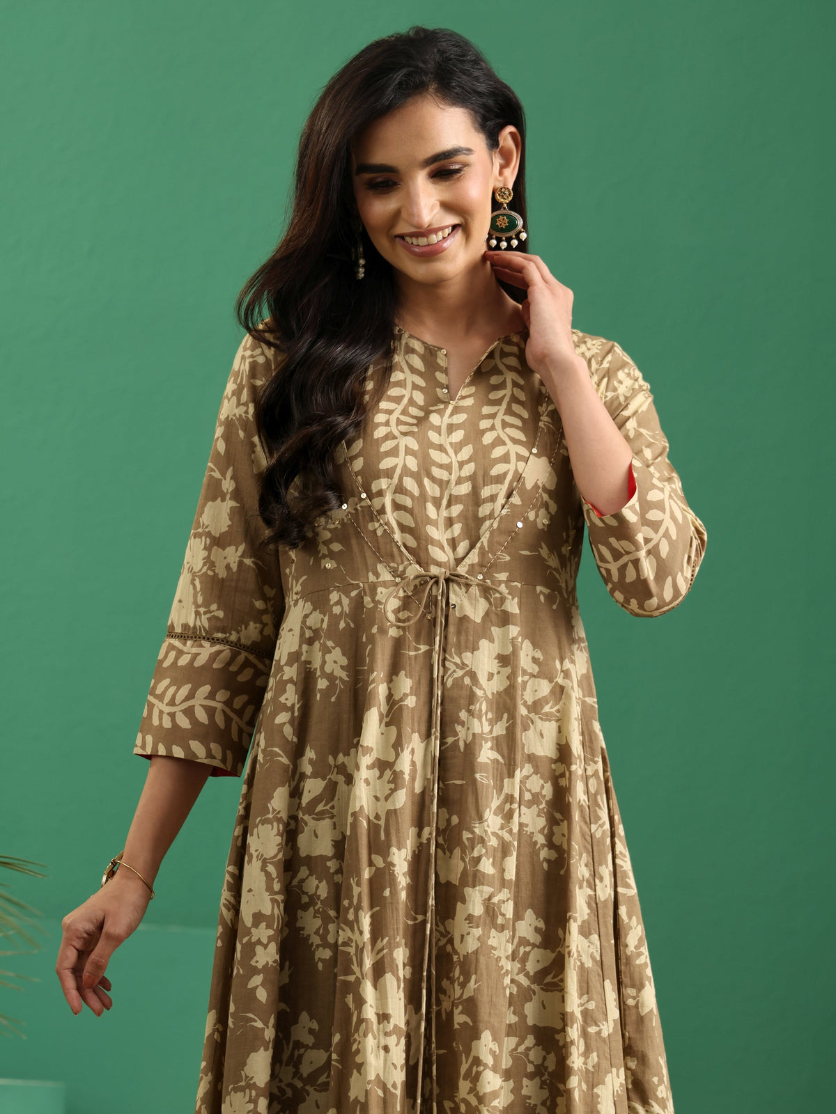Anouk Beige Floral Printed Cotton Kurta Set with Long Jacket