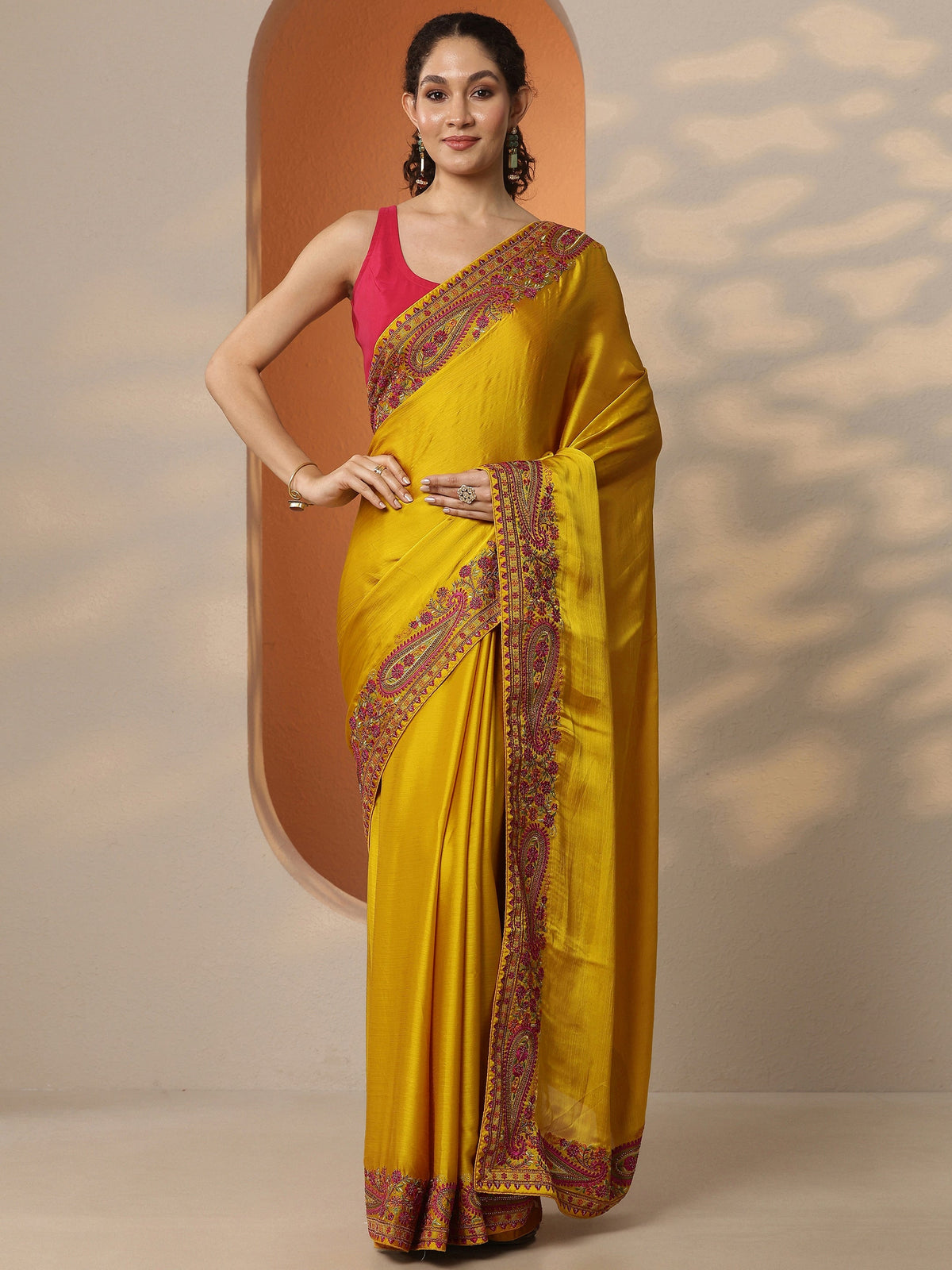 Anouk Mustard Solid Chiffon Saree With Unstitched Blouse Piece