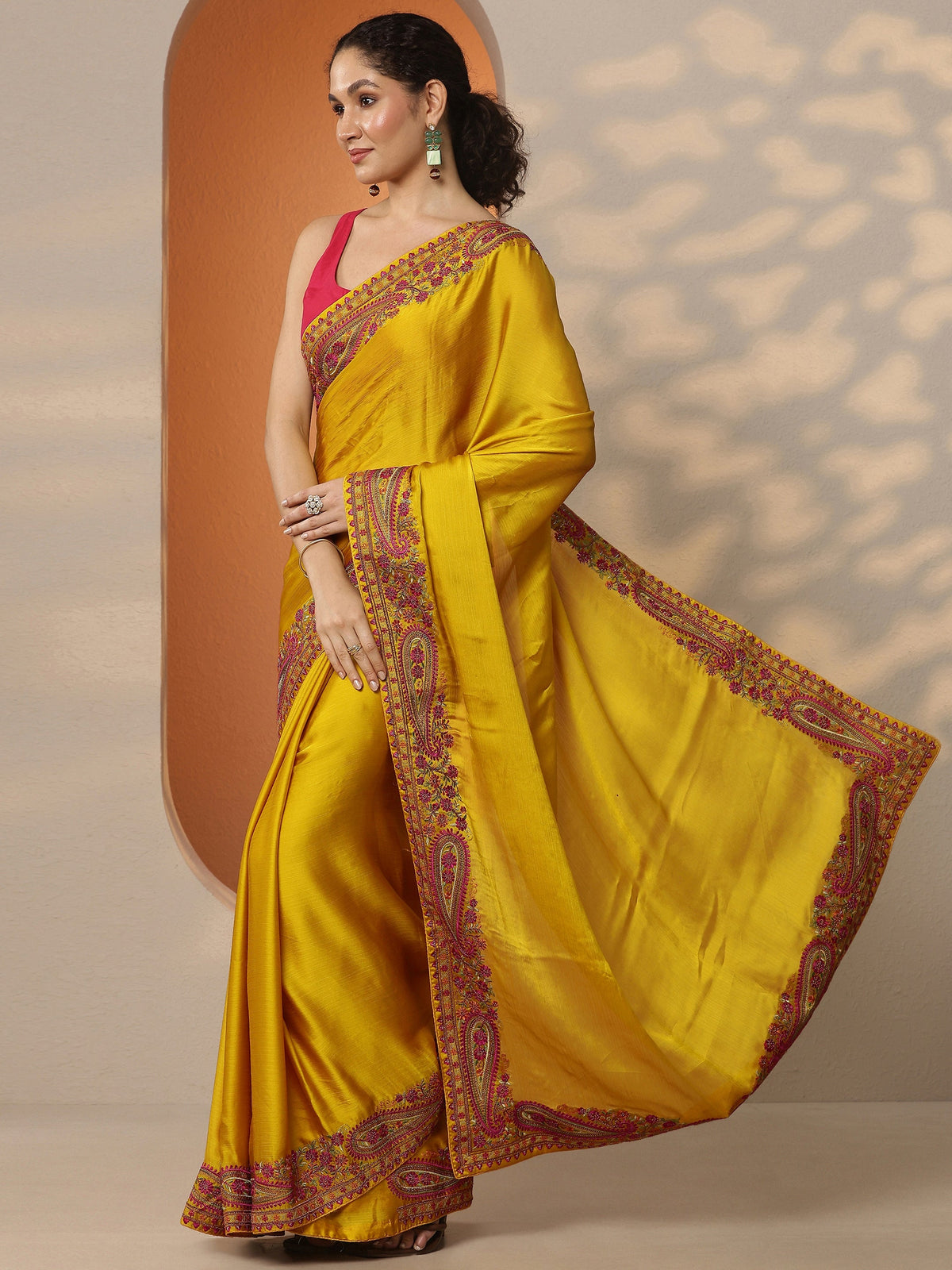 Anouk Mustard Solid Chiffon Saree With Unstitched Blouse Piece