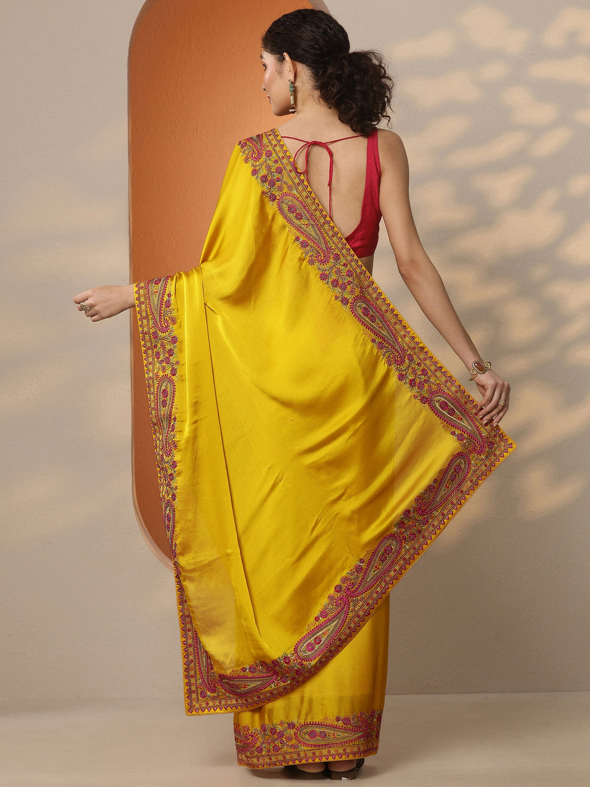Anouk Mustard Solid Chiffon Saree With Unstitched Blouse Piece