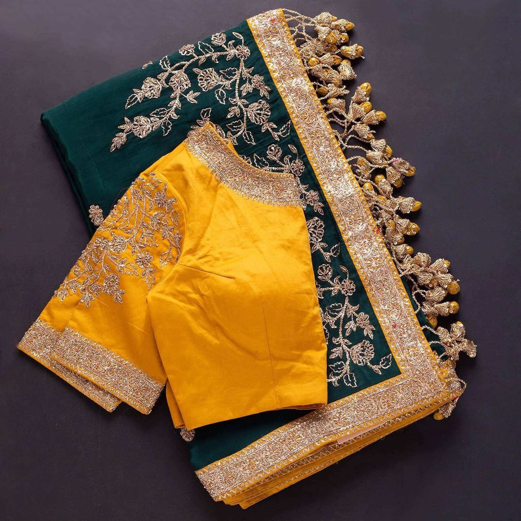 Green Silk saree and Yellow Blouse with Heavy Embroidery Work