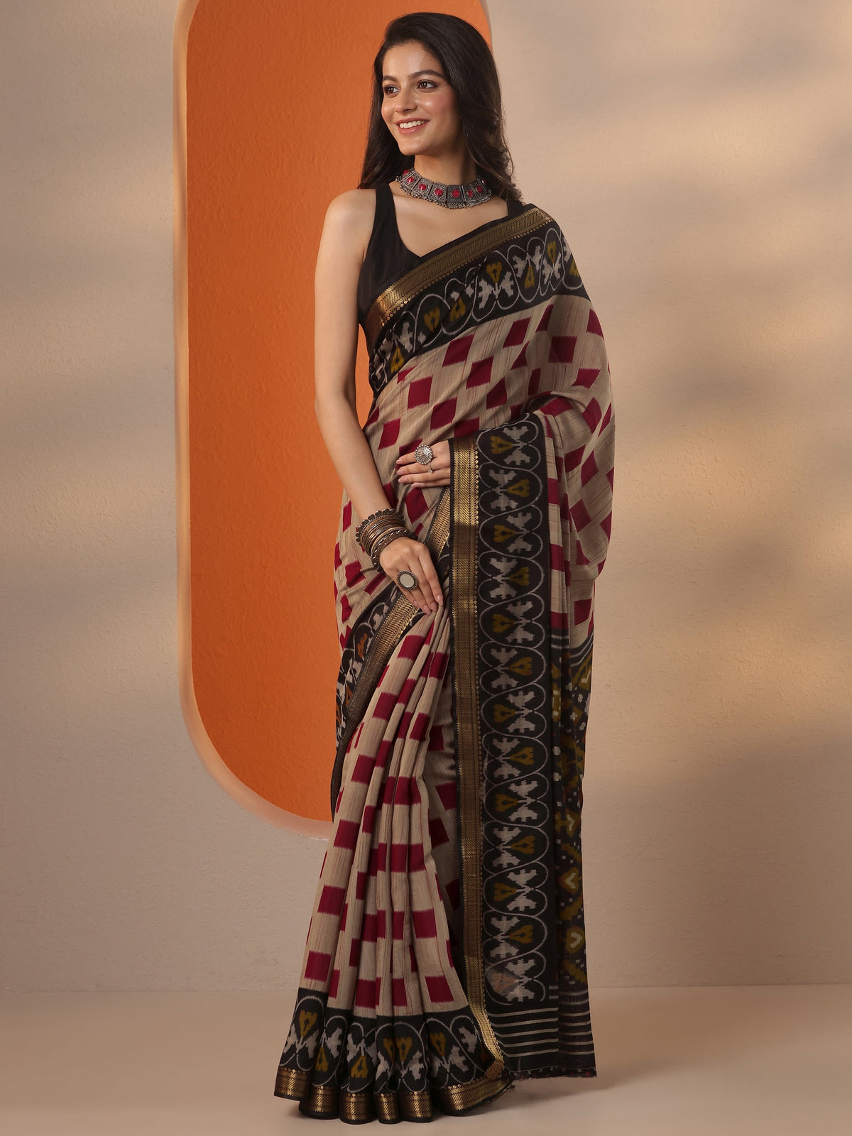 Anouk Beige Printed Silk Blend Saree With Unstitched Blouse Piece